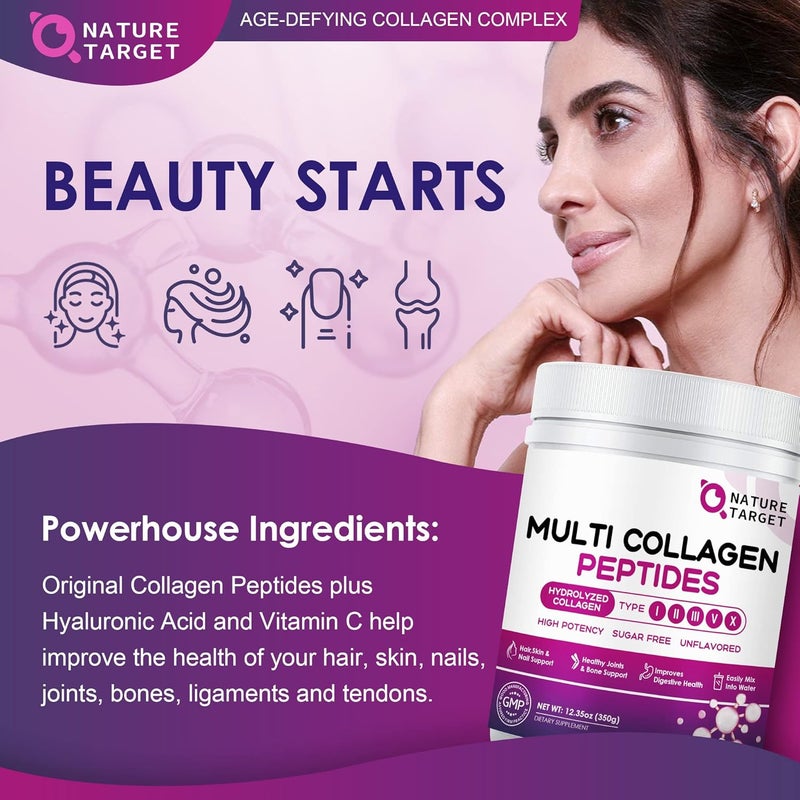NATURE TARGET Multi Collagen Peptides Powder  Type I II III V X  Hydrolyzed Collagen Peptides with Vitamin C Hyaluronic Acid Supports Skin Hair Nail  Joint GrassFed NonGMO 35 Servings - Image 4