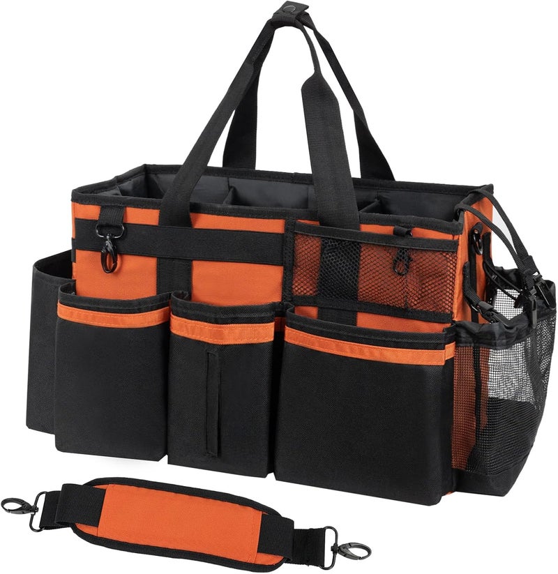 SCAVATA Wearable Cleaning Caddy, Cleaning Caddy Supplies Organizer with Handle & Shoulder Straps for Housekeepers, Under Sink & Car Cleaning Tool Organizers Bag with 4 Foldable Divider (RetroOrange) - Image 1