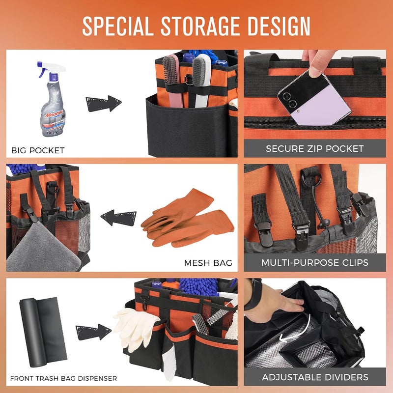 SCAVATA Wearable Cleaning Caddy, Cleaning Caddy Supplies Organizer with Handle & Shoulder Straps for Housekeepers, Under Sink & Car Cleaning Tool Organizers Bag with 4 Foldable Divider (RetroOrange) - Image 3