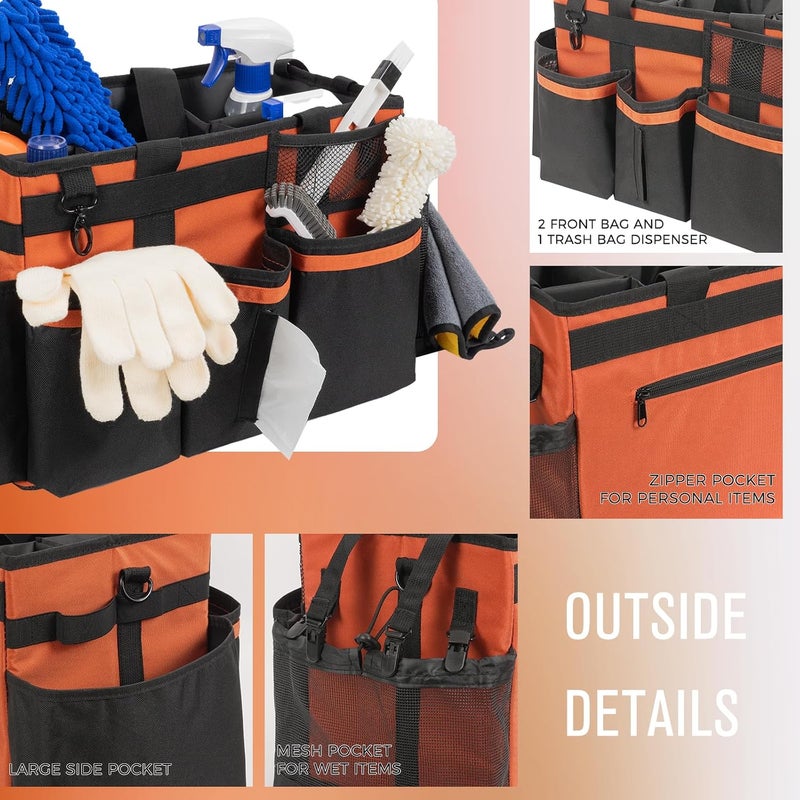 SCAVATA Wearable Cleaning Caddy, Cleaning Caddy Supplies Organizer with Handle & Shoulder Straps for Housekeepers, Under Sink & Car Cleaning Tool Organizers Bag with 4 Foldable Divider (RetroOrange) - Image 4