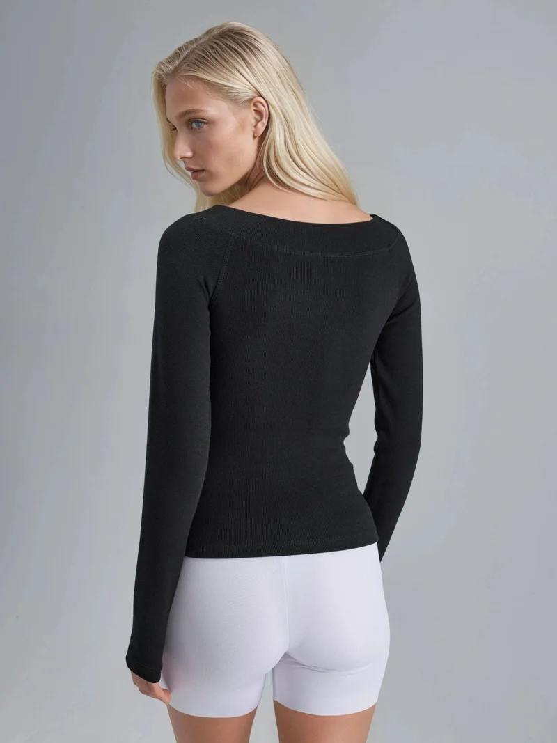 Busem Black BUSEM Slim Fit Ribbed Boat Neck Blouse for Women | Best Price UAE