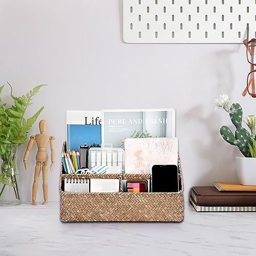 BTSKY Woven Storage Basket Natural Seagrass Vertical Wicker Storage Baskets with 4 Compartments Desk Organizers and Storage Magazine File Holder Home Office Supplies Sorter Rack, Coffee - Image 2