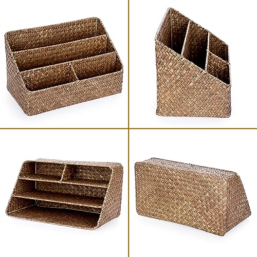 BTSKY Woven Storage Basket Natural Seagrass Vertical Wicker Storage Baskets with 4 Compartments Desk Organizers and Storage Magazine File Holder Home Office Supplies Sorter Rack, Coffee - Image 5