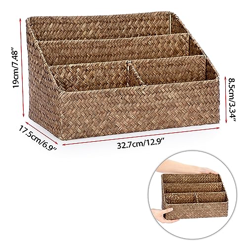 BTSKY Woven Storage Basket Natural Seagrass Vertical Wicker Storage Baskets with 4 Compartments Desk Organizers and Storage Magazine File Holder Home Office Supplies Sorter Rack, Coffee - Image 4