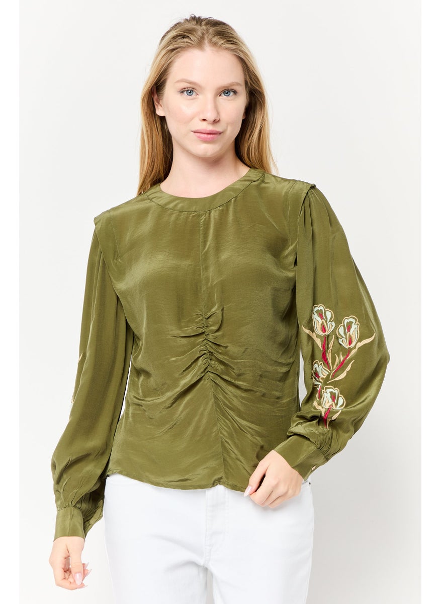 Scotch & Soda Women Round Neck Long Sleeve Embroidered Blouse, Olive  - Image 1