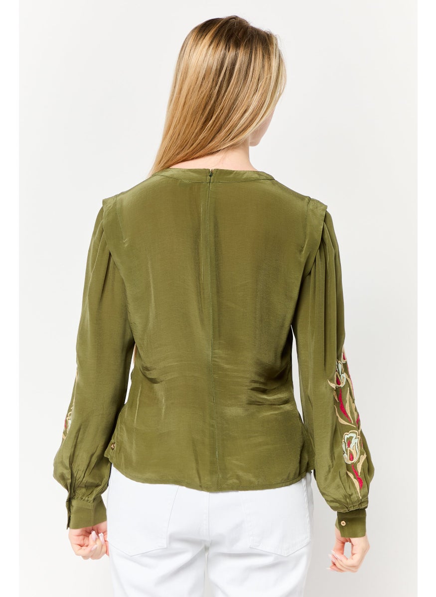 Scotch & Soda Women Round Neck Long Sleeve Embroidered Blouse, Olive  - Image 4