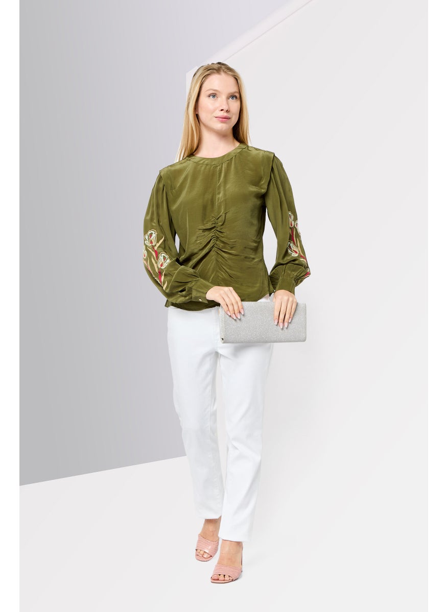 Scotch & Soda Women Round Neck Long Sleeve Embroidered Blouse, Olive  - Image 2