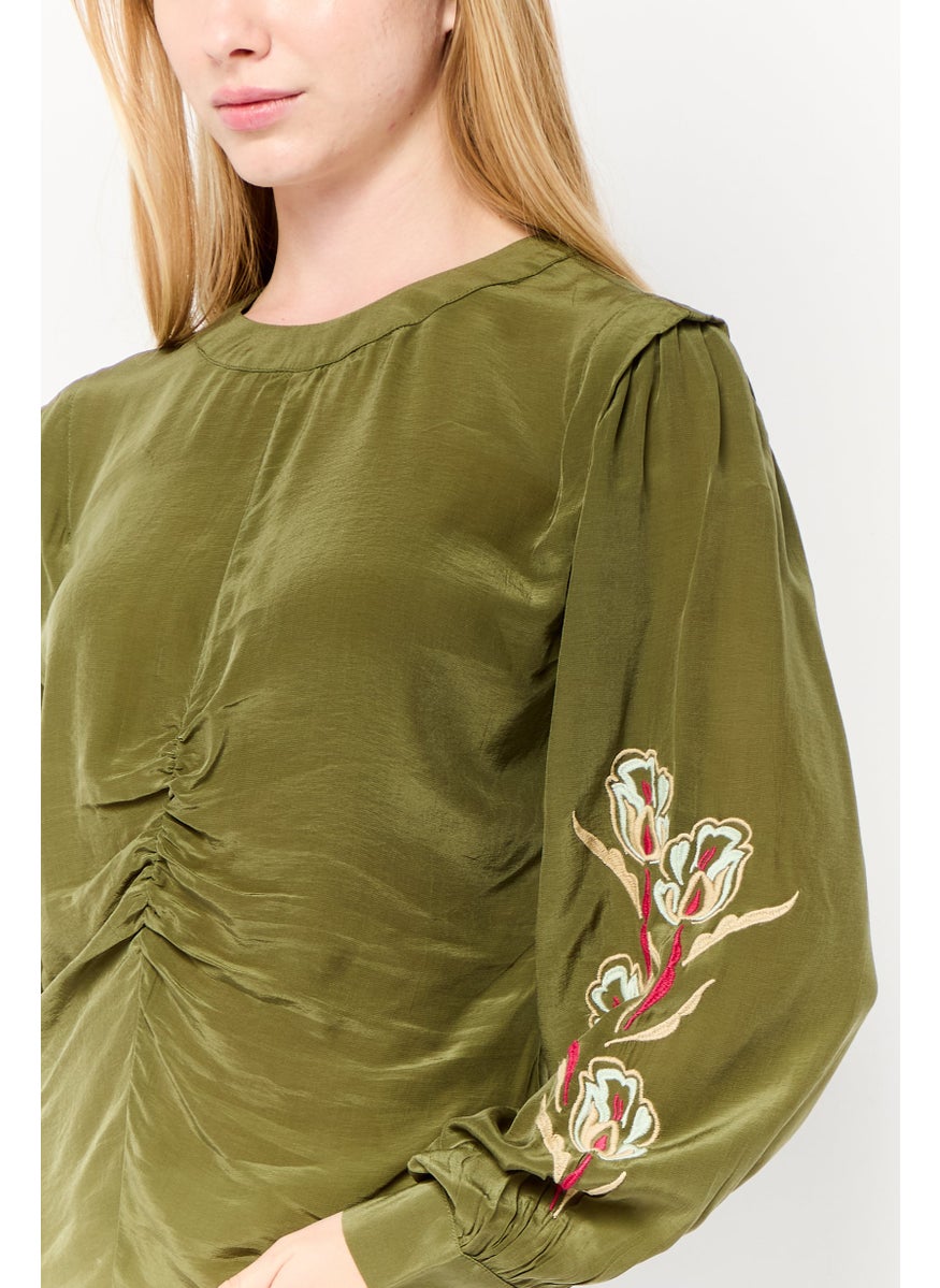 Scotch & Soda Women Round Neck Long Sleeve Embroidered Blouse, Olive  - Image 3