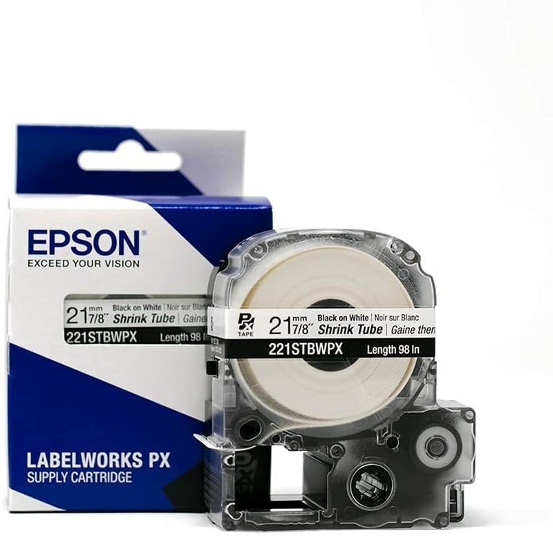 LABELWORKS Epson 221STBWPX Genuine Tape Cartridge - Black on White Shrink Tube Industrial Label Maker Tape - AWG 0000-1, 7/8" (21MM) Wide, 8 ft (96") - Image 1