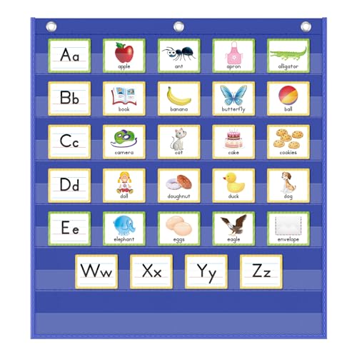 Eamay Standard Pocket Charts,Black 7 Pocket Chart for Teacher Lessons in a Classroom or Home Use – Fits Standard 3” Sentence Strips and Word Cards (Blue) - Image 1