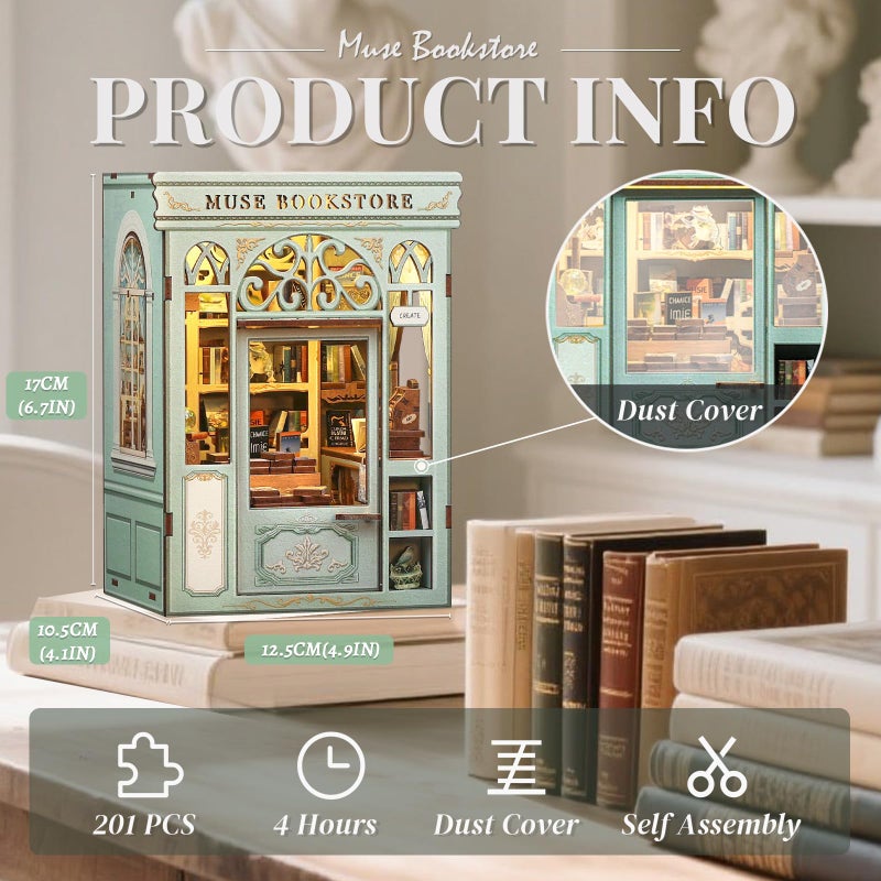 Cutefun Book Nook Kit - DIY Miniature Dollhouse Kit 3D Creative Decorative Bookend 3D Wooden Puzzle for Adults, Bookshelf Insert Library Decor with LED Light (Muse Bookstore) - Image 2