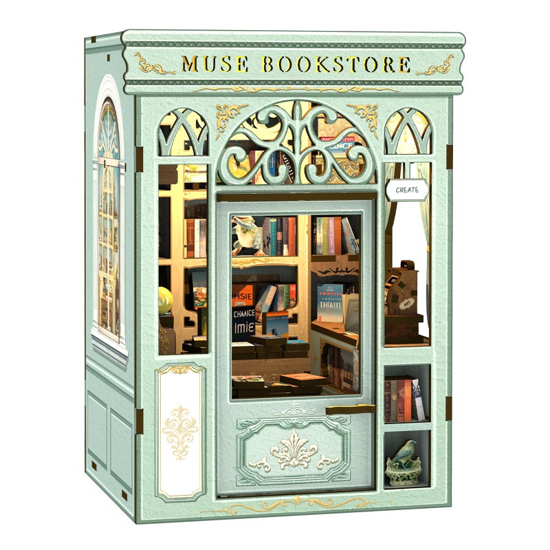 Cutefun Book Nook Kit - DIY Miniature Dollhouse Kit 3D Creative Decorative Bookend 3D Wooden Puzzle for Adults, Bookshelf Insert Library Decor with LED Light (Muse Bookstore) - Image 1