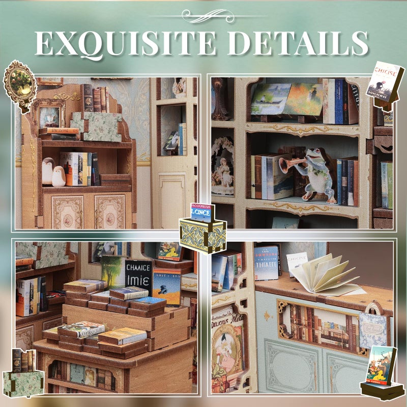 Cutefun Book Nook Kit - DIY Miniature Dollhouse Kit 3D Creative Decorative Bookend 3D Wooden Puzzle for Adults, Bookshelf Insert Library Decor with LED Light (Muse Bookstore) - Image 5
