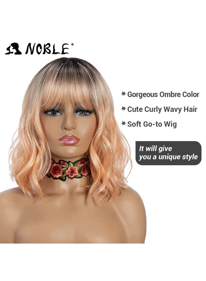 Noble Pink Orange Wig for White Women Peach Wig with Bangs Ombre Bob Curly Wigs with Air Bangs Synthetic Short Wavy Wigs with Bangs Heat Resistant Synthetic Daily Party Cosplay Costume Wigs - Image 5