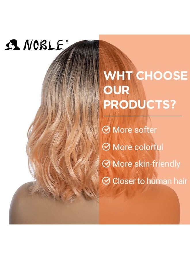 Noble Pink Orange Wig for White Women Peach Wig with Bangs Ombre Bob Curly Wigs with Air Bangs Synthetic Short Wavy Wigs with Bangs Heat Resistant Synthetic Daily Party Cosplay Costume Wigs - Image 4
