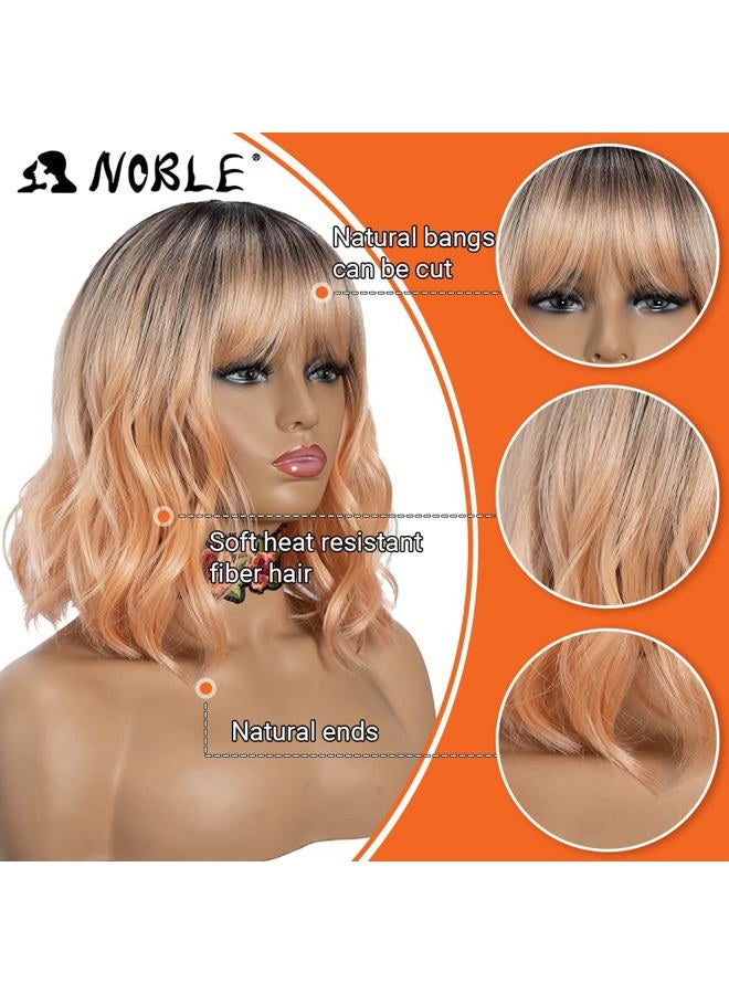 Noble Pink Orange Wig for White Women Peach Wig with Bangs Ombre Bob Curly Wigs with Air Bangs Synthetic Short Wavy Wigs with Bangs Heat Resistant Synthetic Daily Party Cosplay Costume Wigs - Image 2