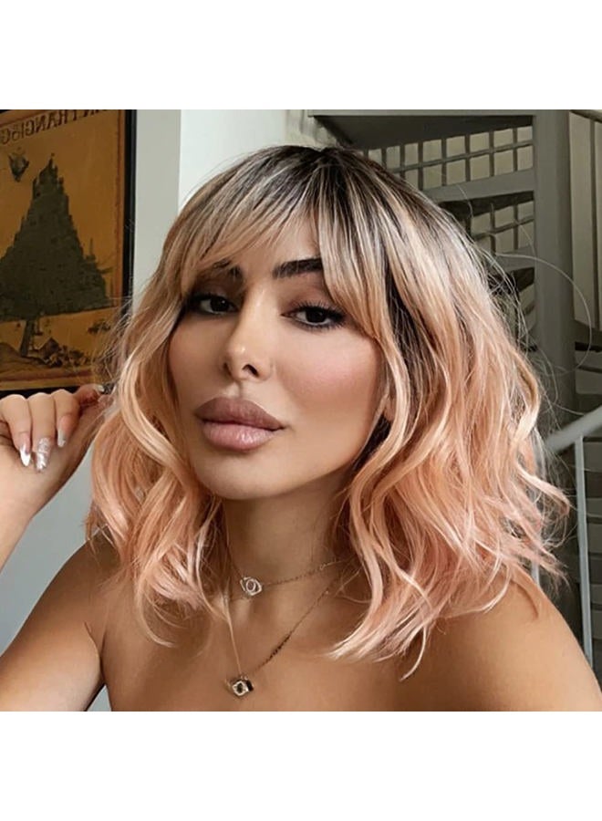 Noble Pink Orange Wig for White Women Peach Wig with Bangs Ombre Bob Curly Wigs with Air Bangs Synthetic Short Wavy Wigs with Bangs Heat Resistant Synthetic Daily Party Cosplay Costume Wigs - Image 1