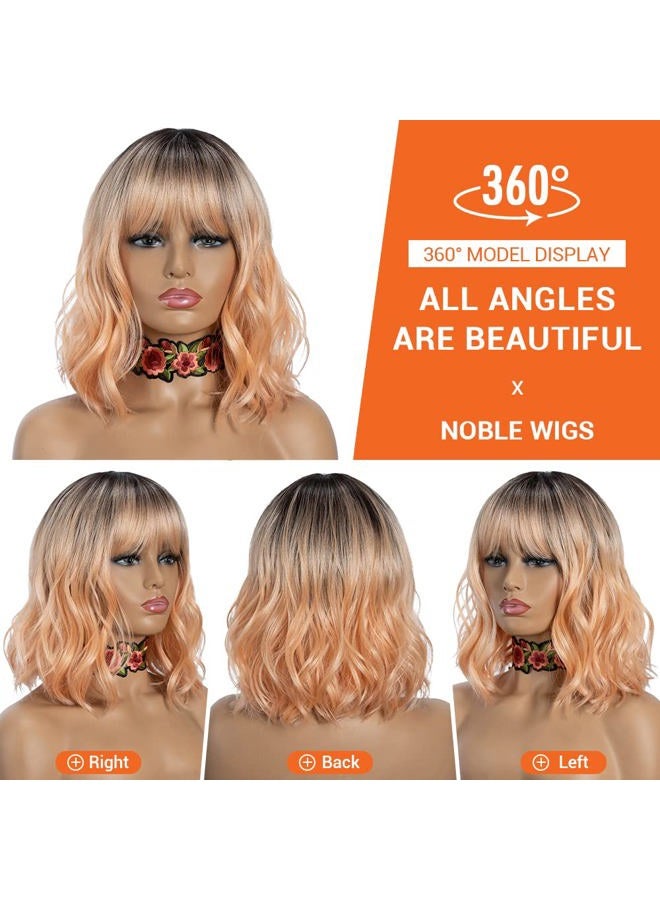 Noble Pink Orange Wig for White Women Peach Wig with Bangs Ombre Bob Curly Wigs with Air Bangs Synthetic Short Wavy Wigs with Bangs Heat Resistant Synthetic Daily Party Cosplay Costume Wigs - Image 3