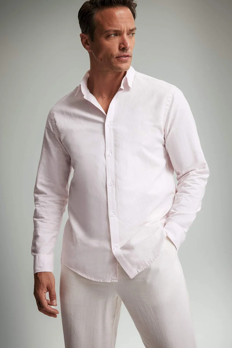 DeFacto Regular Fit Polo Neck Linen Summer Long Sleeve Shirt