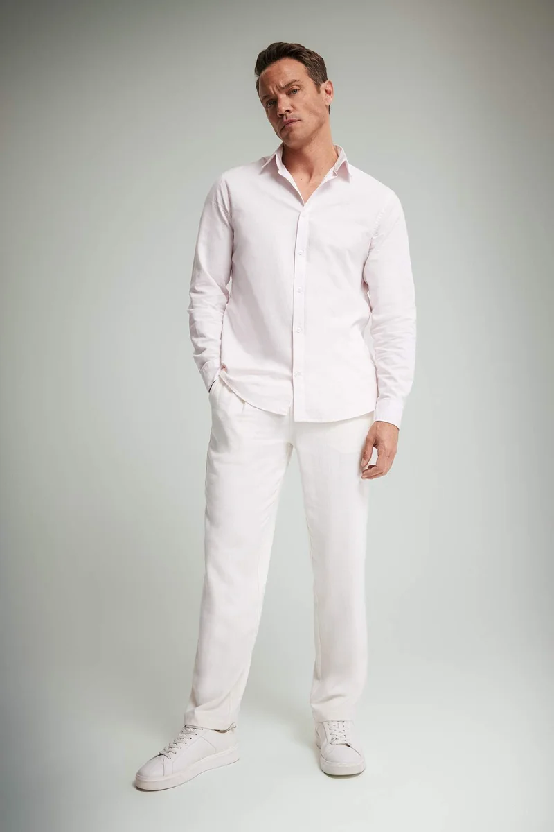 DeFacto Regular Fit Polo Neck Linen Summer Long Sleeve Shirt