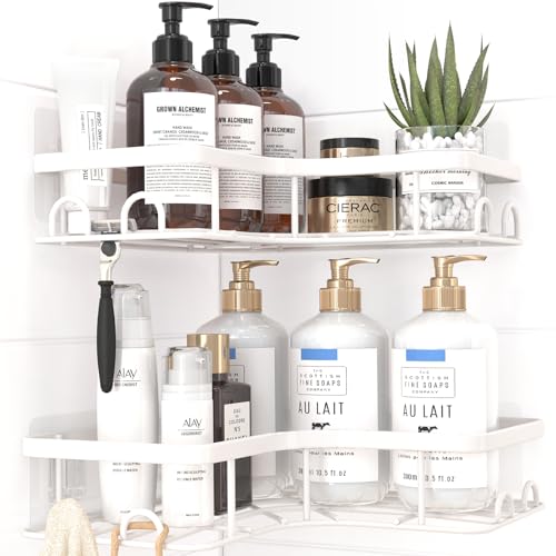 Sakugi Corner Shower Caddy 2 Pack Adhesive Shower Organizers Rustproof Stainless Steel Shower Shelves with 8 Hooks No Drilling Bathroom Organizers and Storage Racks SpaceSaving White Medium - Image 1