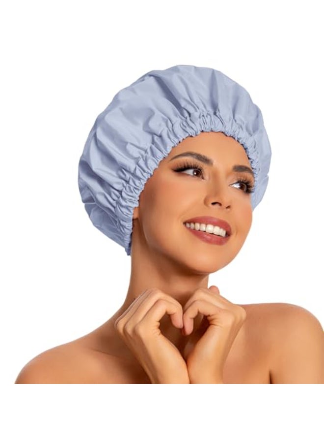 Edoneery Reusable Shower Cap for Women Large Waterproof Shower Essentials Bonnet Washable Elastic Band Bath Hair Wrap Hat for Long Hair BraidsGray - Image 1
