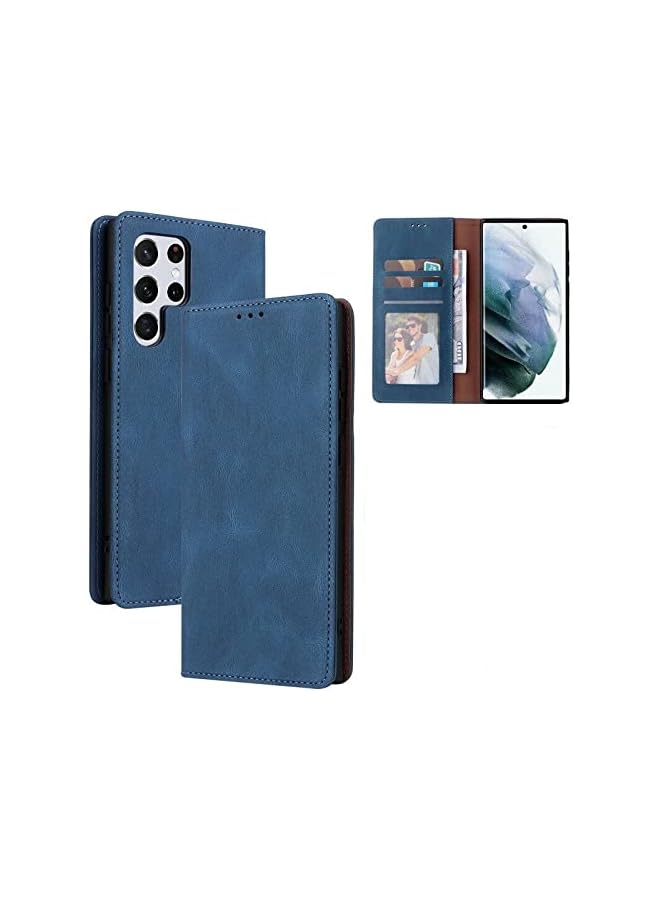 YoYoTech Luxury Genuine Leather Wallet Card Holder Case Cover, Magnetic Closure Kickstand Case for Samsung Galaxy S21 FE 6.40’ 2022 -Blue - Image 1