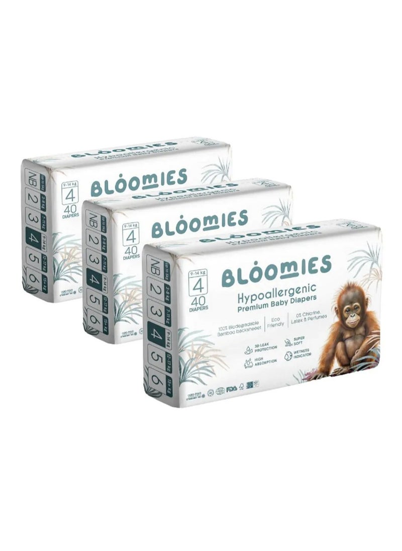 Bloomies Bloomies Premium Tape Style Baby Diapers, Hypoallergenic, 3D Leak Protection, Wetness Indicator, Super Soft, Size 4, 9 to 14kg - 120 Pieces 