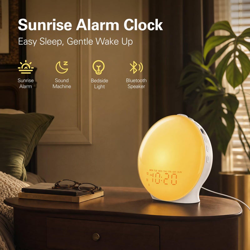 JALL Full-Screen Wake Up Light Sunrise Alarm Clocks for Bedrooms, White Noise Machine for Heavy Sleepers, 25 Natural Sounds, Dual Alarms, FM Radio, 17 Dimmable Colors, Bluetooth Speaker - Image 2