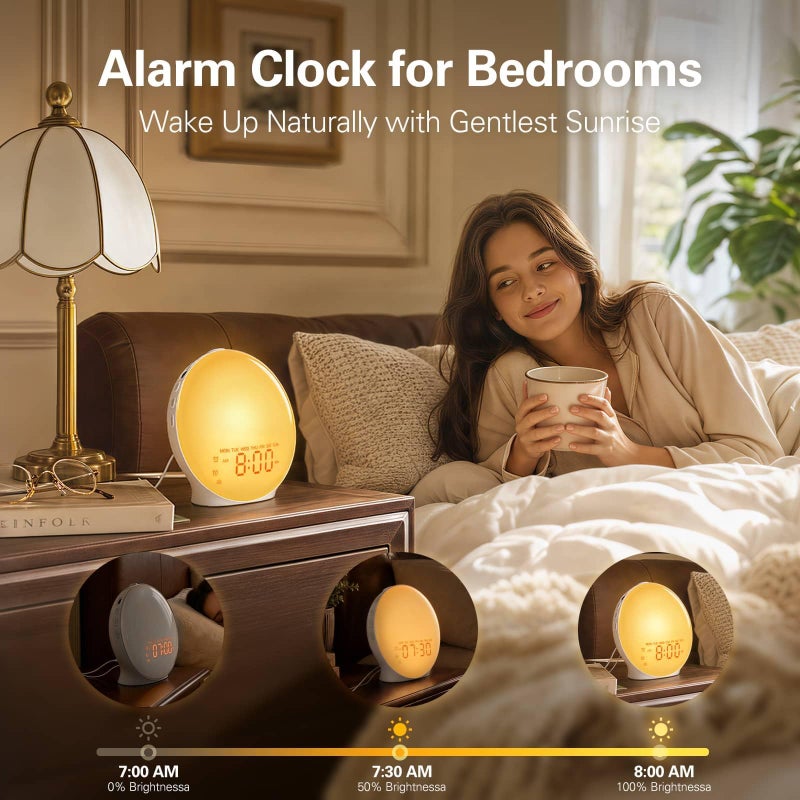JALL Full-Screen Wake Up Light Sunrise Alarm Clocks for Bedrooms, White Noise Machine for Heavy Sleepers, 25 Natural Sounds, Dual Alarms, FM Radio, 17 Dimmable Colors, Bluetooth Speaker - Image 3