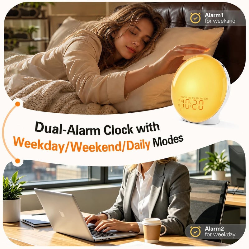 JALL Full-Screen Wake Up Light Sunrise Alarm Clocks for Bedrooms, White Noise Machine for Heavy Sleepers, 25 Natural Sounds, Dual Alarms, FM Radio, 17 Dimmable Colors, Bluetooth Speaker - Image 4