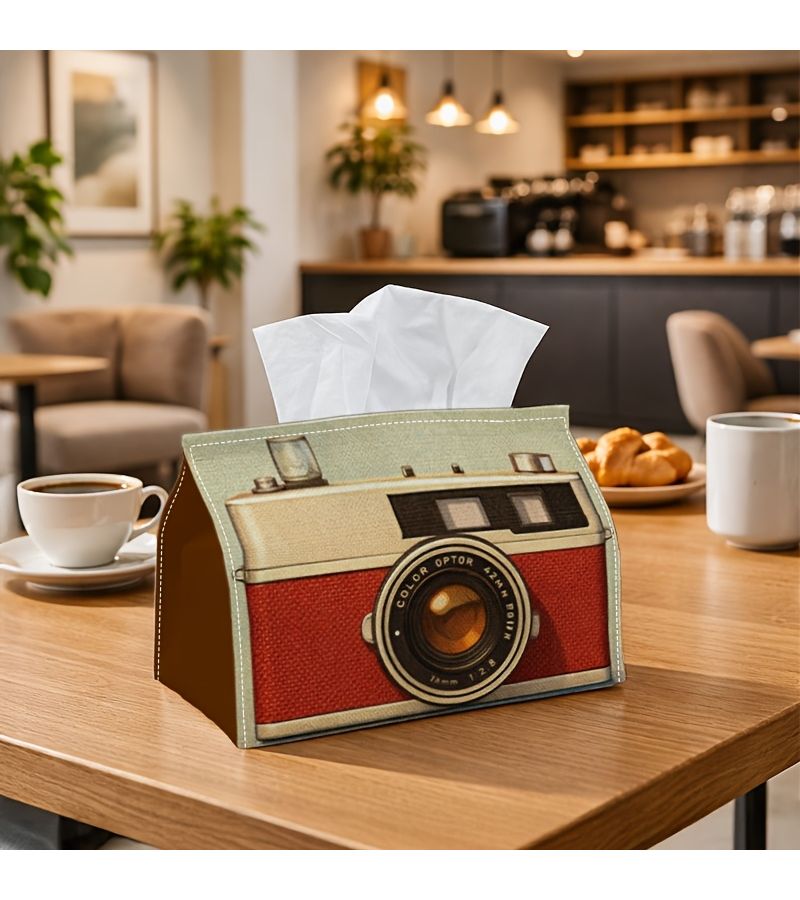 Retro Camera Illustration Tissue Box Holder 4.3x5.1x7 Inches For Home Office - Image 1
