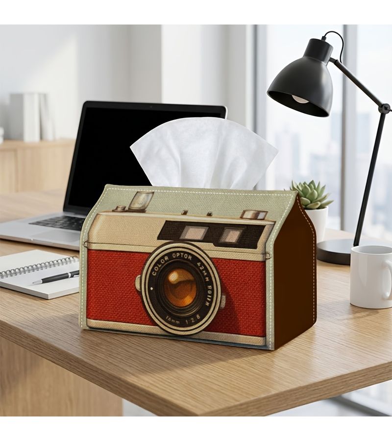 Retro Camera Illustration Tissue Box Holder 4.3x5.1x7 Inches For Home Office - Image 2