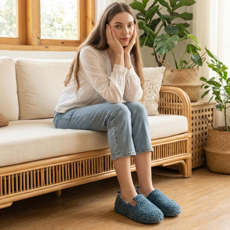 EverFoams Womenâ€™s Soft Curly Full Slippers Memory Foam Lightweight House Shoes Cozy Loafer with Polar Fleece Lining Blue,5-6 US - Image 2