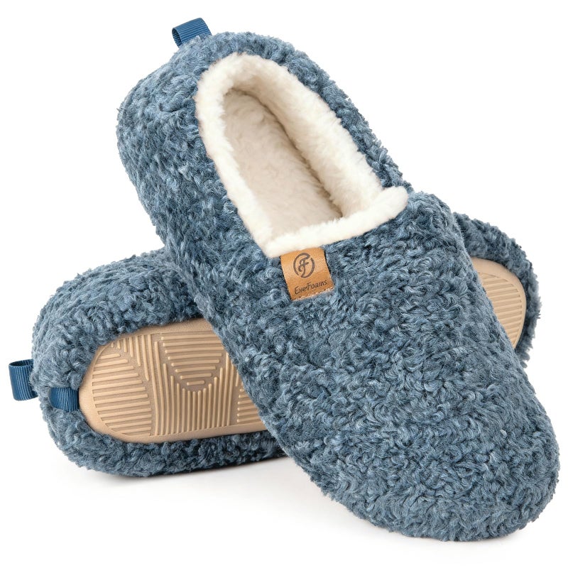 EverFoams Womenâ€™s Soft Curly Full Slippers Memory Foam Lightweight House Shoes Cozy Loafer with Polar Fleece Lining Blue,5-6 US - Image 1