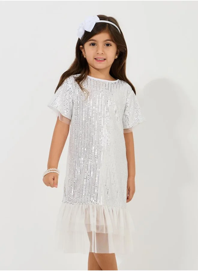 Styli Sequin Shift Dress with Mesh Insert