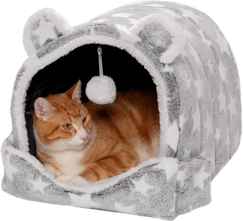 Furhaven Cat Bed Snuggle Hideout for Indoor Cats & Small Dogs, Washable & Foldable w/Plush Ball Toy - Snuggle Hideout-Bear Pet Tent - Silver Stars, Small - Image 1