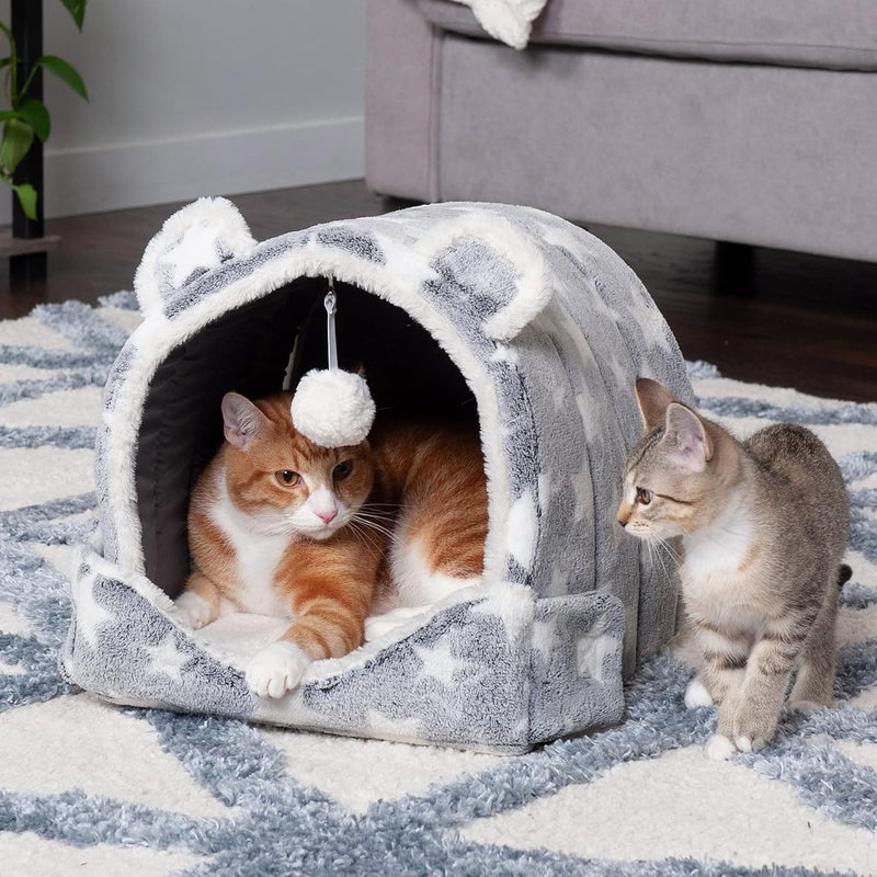 Furhaven Cat Bed Snuggle Hideout for Indoor Cats & Small Dogs, Washable & Foldable w/Plush Ball Toy - Snuggle Hideout-Bear Pet Tent - Silver Stars, Small - Image 3