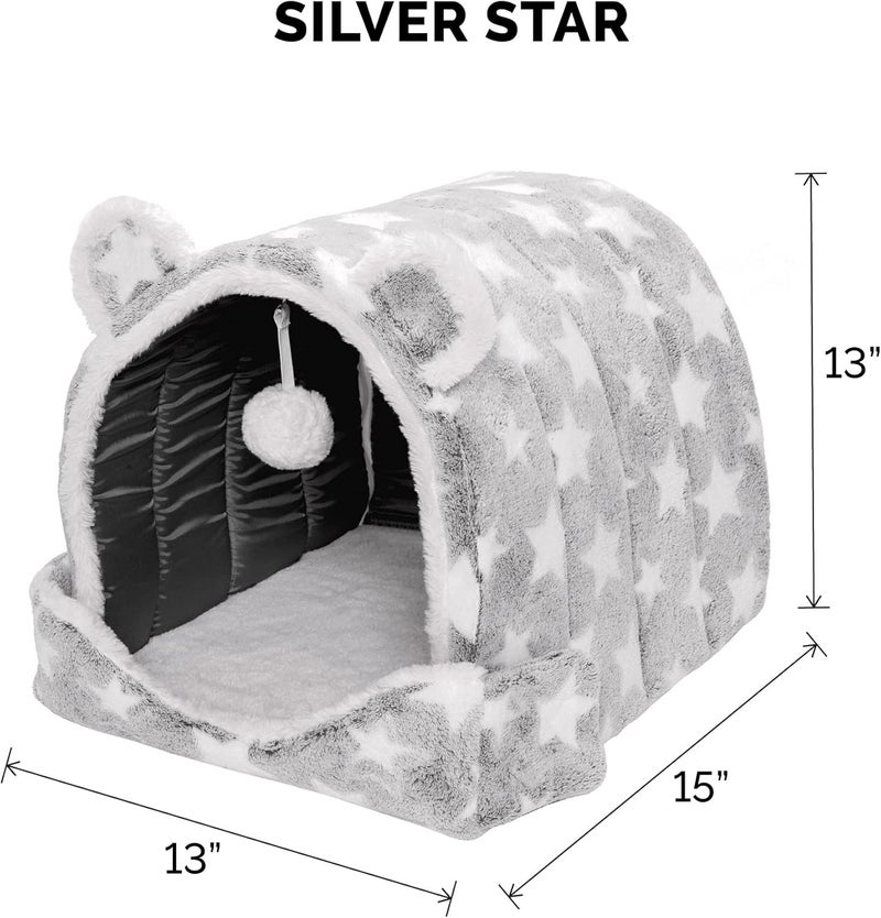 Furhaven Cat Bed Snuggle Hideout for Indoor Cats & Small Dogs, Washable & Foldable w/Plush Ball Toy - Snuggle Hideout-Bear Pet Tent - Silver Stars, Small - Image 2