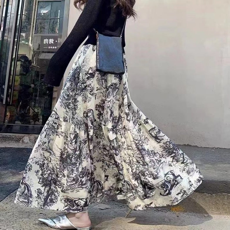 Elegant Classic Slimming Print Stitching High Waist Delicate Skirt Draped Texture Retro Waist A- Line Skirt Long Skirt - Image 5