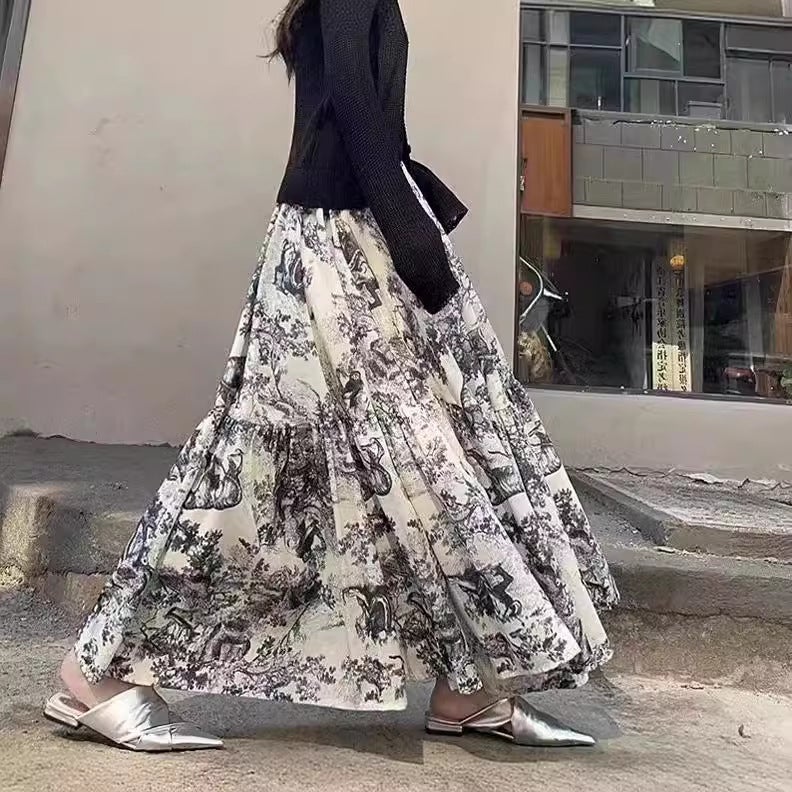 Elegant Classic Slimming Print Stitching High Waist Delicate Skirt Draped Texture Retro Waist A- Line Skirt Long Skirt - Image 1