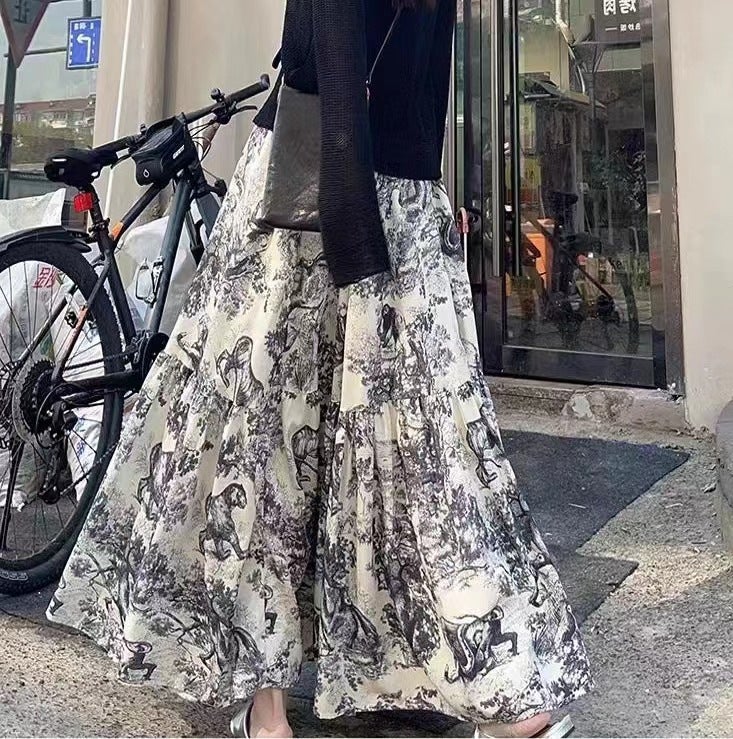 Elegant Classic Slimming Print Stitching High Waist Delicate Skirt Draped Texture Retro Waist A- Line Skirt Long Skirt - Image 4