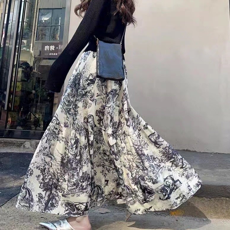 Elegant Classic Slimming Print Stitching High Waist Delicate Skirt Draped Texture Retro Waist A- Line Skirt Long Skirt - Image 2
