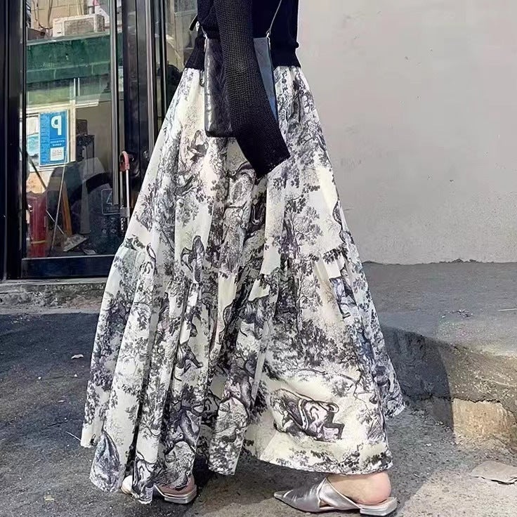 Elegant Classic Slimming Print Stitching High Waist Delicate Skirt Draped Texture Retro Waist A- Line Skirt Long Skirt - Image 3