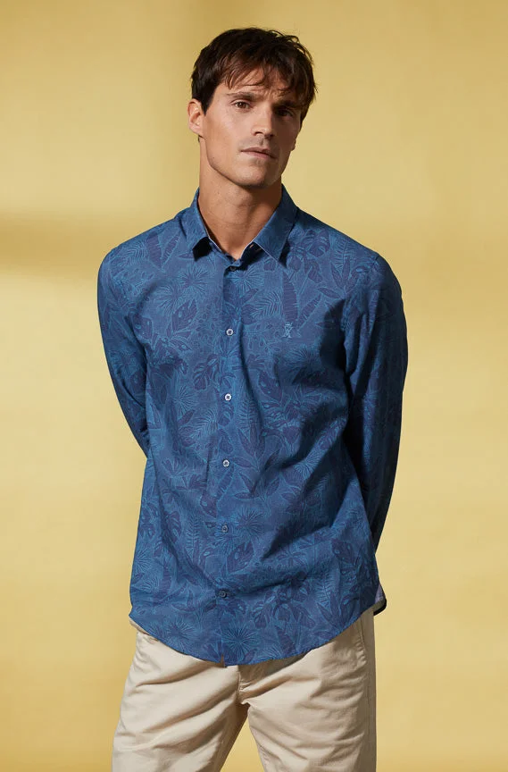 فيكونت أ. Charles - Dark Blue Floral Shirt 100% Cotton