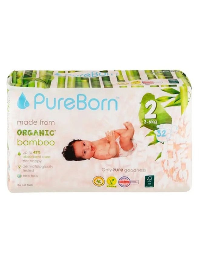 PureBorn Organic Bamboo Size 2 Diapers  3-6Kg 32 Count 