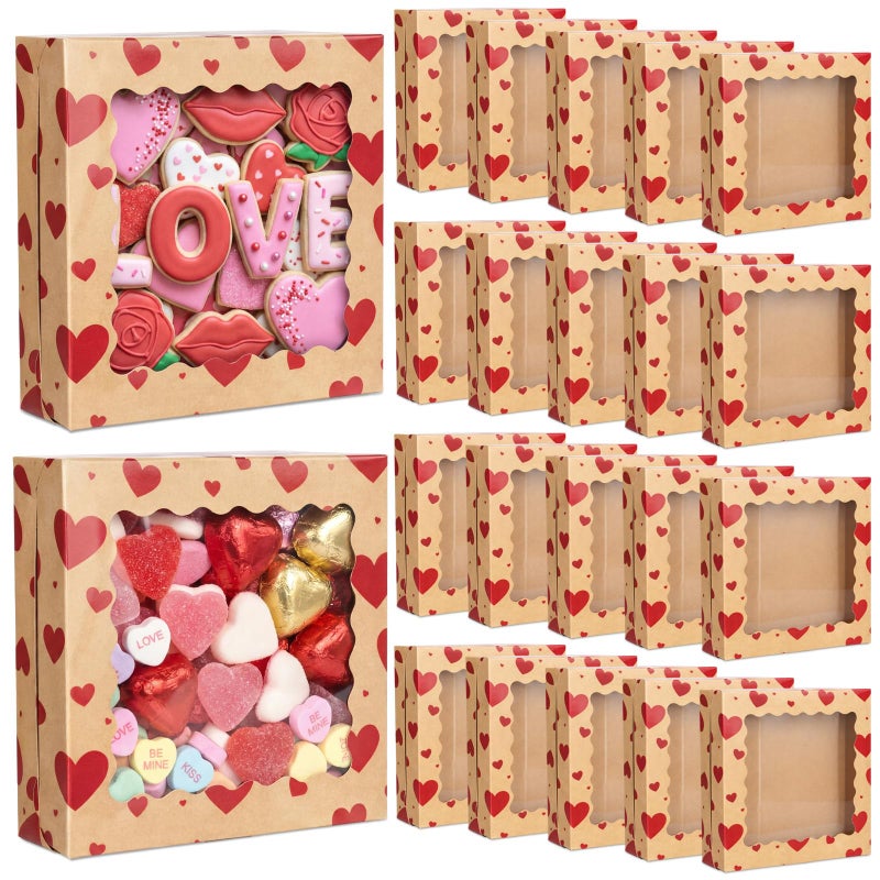 FoldTier 24 Pcs Valentine's Day Kraft Cookie Boxes with Window 9 x 9 x 2.5 Inch Heart Bakery Treat Boxes Bulk for Valentine Chocolate Covered Strawberries, Cupcakes, Donuts, Gift Giving - Image 1