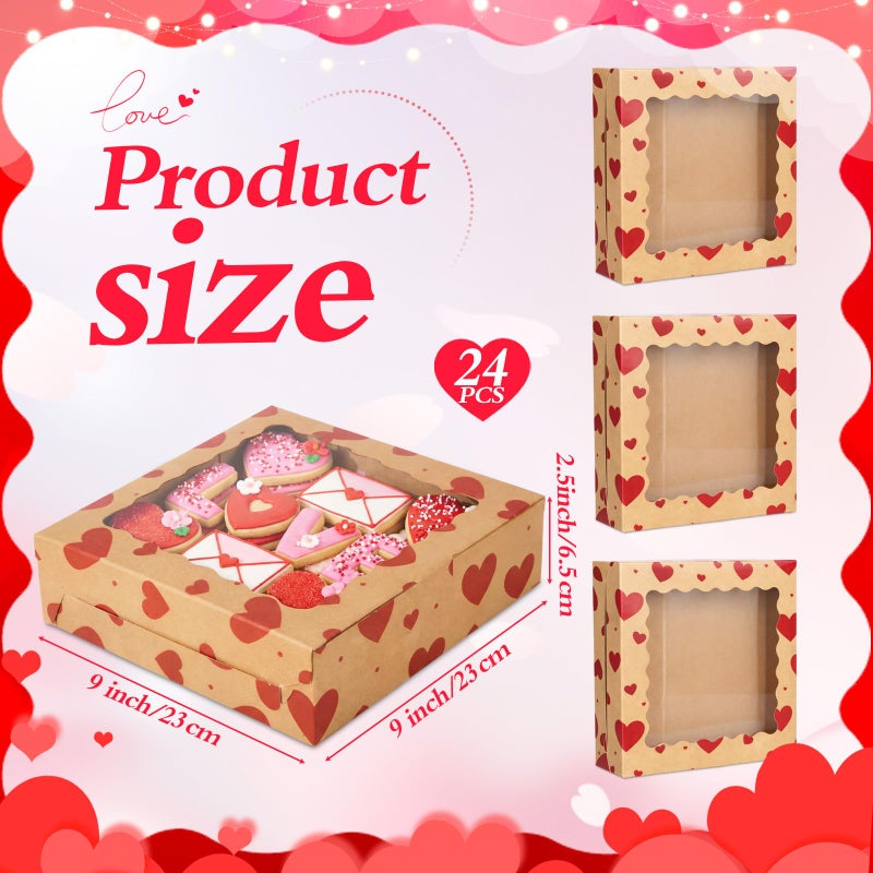 FoldTier 24 Pcs Valentine's Day Kraft Cookie Boxes with Window 9 x 9 x 2.5 Inch Heart Bakery Treat Boxes Bulk for Valentine Chocolate Covered Strawberries, Cupcakes, Donuts, Gift Giving - Image 3