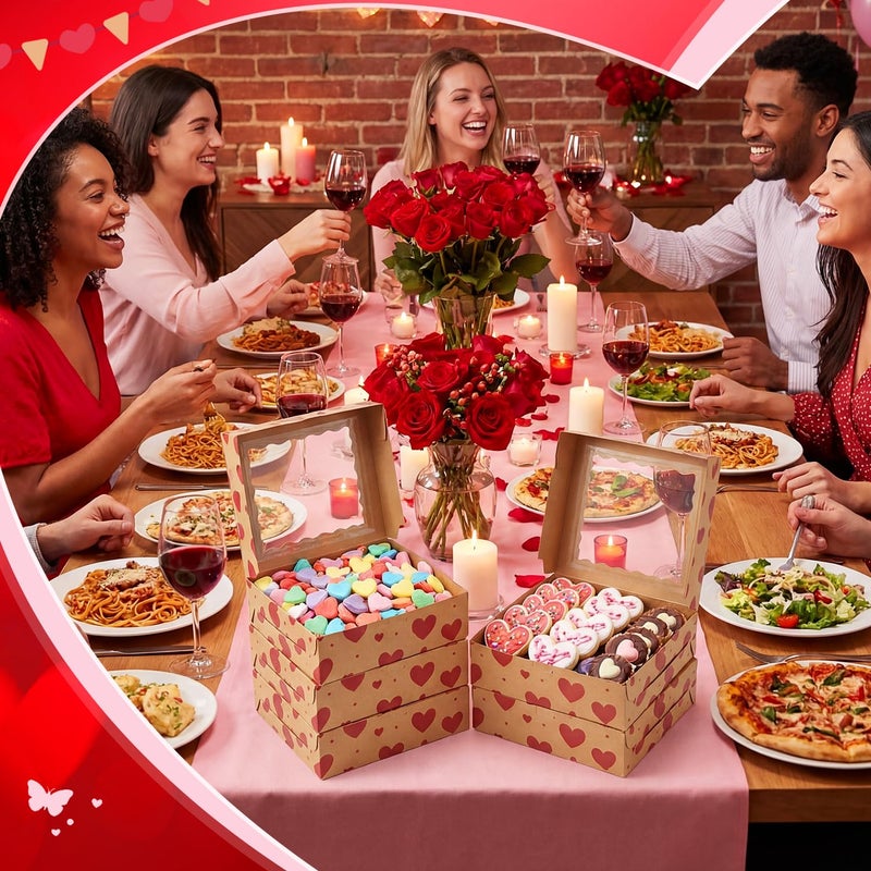 FoldTier 24 Pcs Valentine's Day Kraft Cookie Boxes with Window 9 x 9 x 2.5 Inch Heart Bakery Treat Boxes Bulk for Valentine Chocolate Covered Strawberries, Cupcakes, Donuts, Gift Giving - Image 4