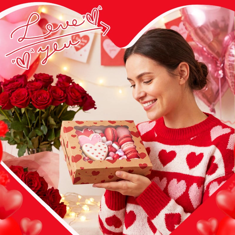 FoldTier 24 Pcs Valentine's Day Kraft Cookie Boxes with Window 9 x 9 x 2.5 Inch Heart Bakery Treat Boxes Bulk for Valentine Chocolate Covered Strawberries, Cupcakes, Donuts, Gift Giving - Image 2